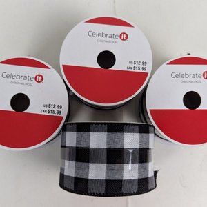 Buffalo‎ Check Plaid Black & White Jumbo Wired Ribbon 2 1/2 In 20 Ft Lot of 4.